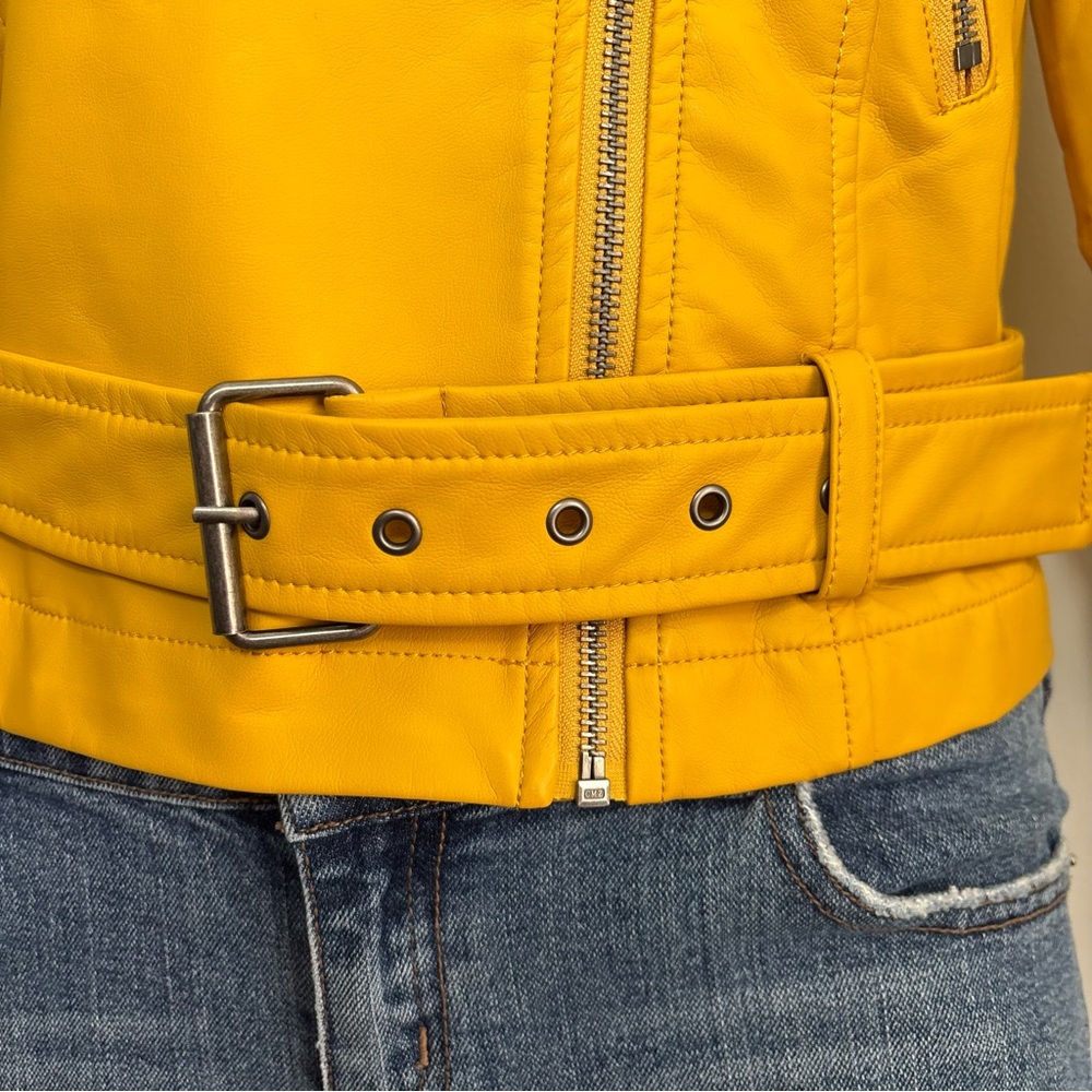 Who what wear yellow biker-style leather jacket - Picture 3 of 6